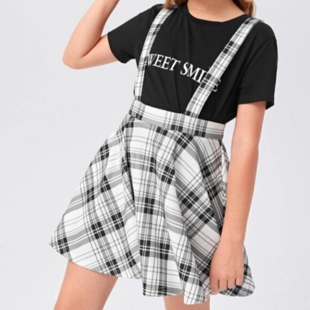 Girls Tartan Black and White Suspender Skirt
